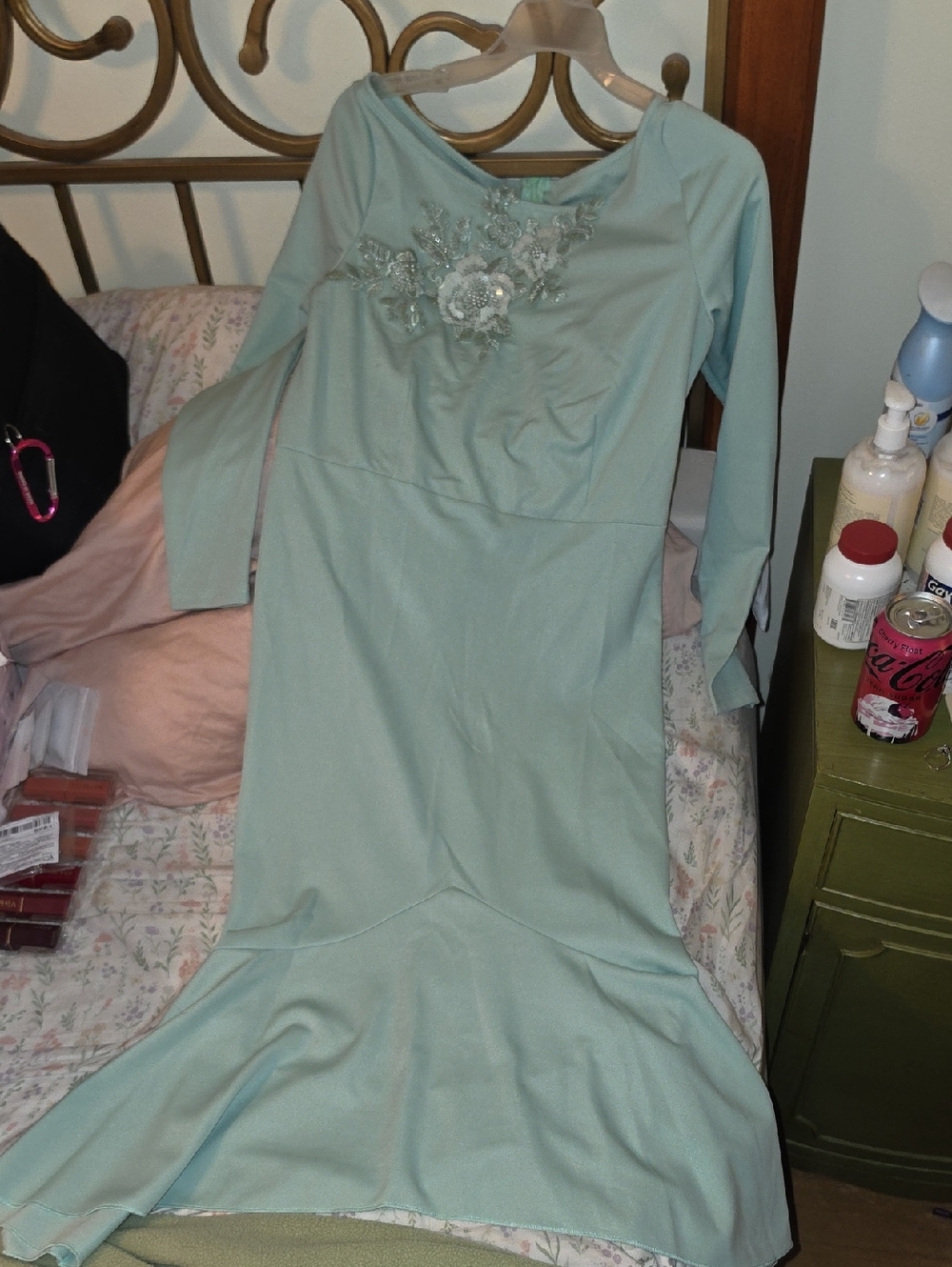 Elegant Seafoam Green Long Sleeve Embroidered Mermaid Hem Dress